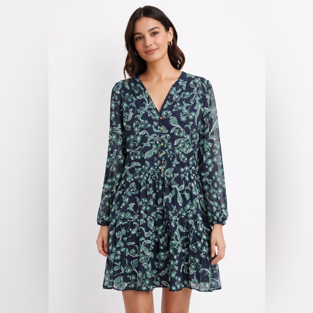 Ann Taylor Navy Floral Tiered Button Front Long Sleeve Mini Dress Women's Small